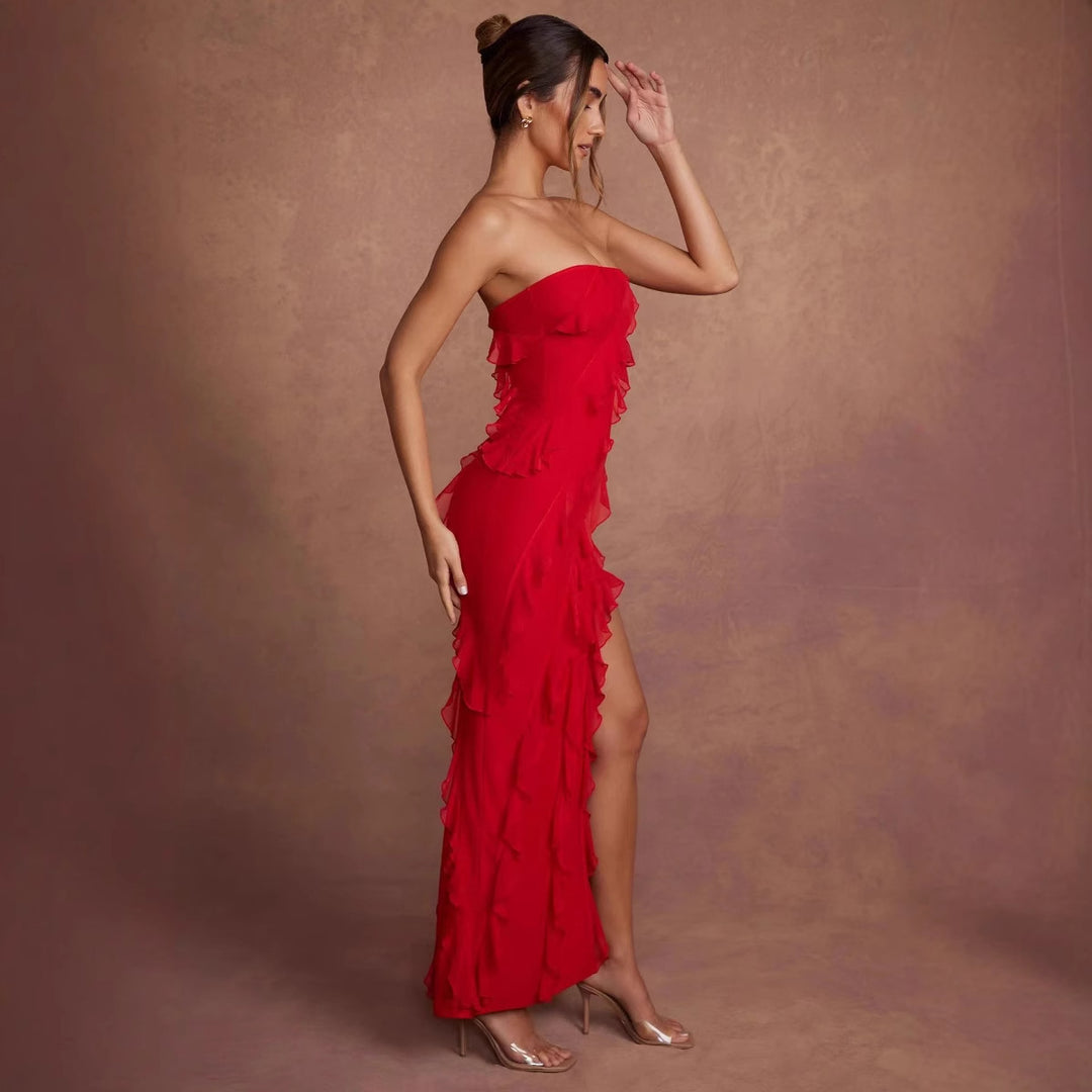 Damen Off-Shoulder Minikleid mit asymmetrischem Rüschensaum Drune
