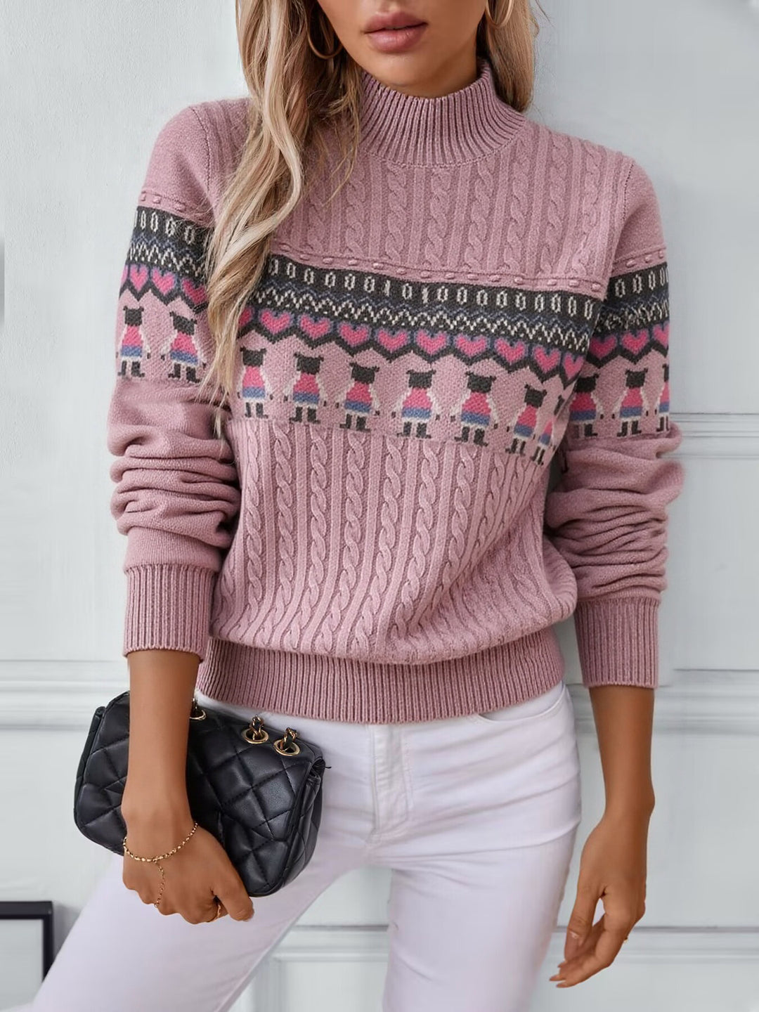 Damen Strickpullover mit kreativem Muster und hohem Kragen Drune