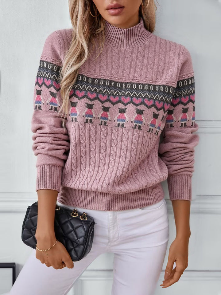 Damen Strickpullover mit kreativem Muster und hohem Kragen Drune