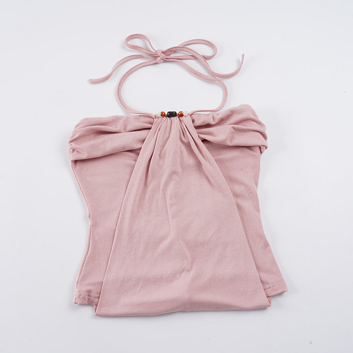 Damen Spaghetti-Trägertop mit eleganter Drapierung und dekorativen Perlen Drune