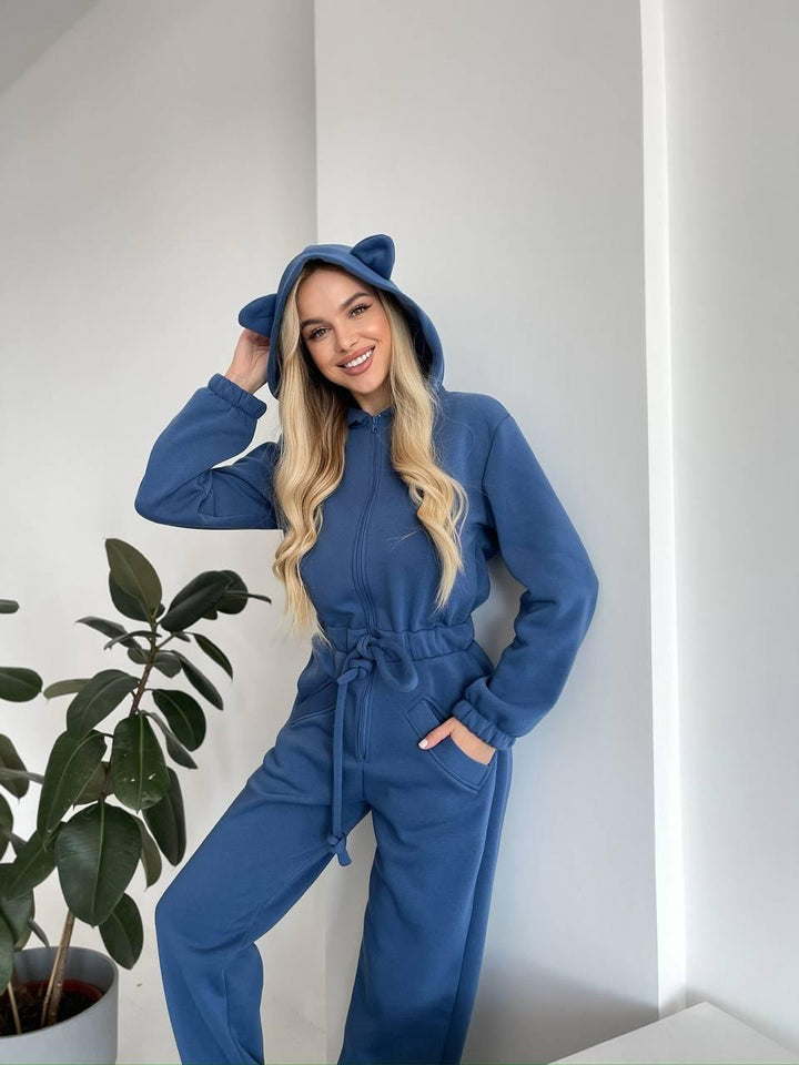 Damen Kuscheliger Jumpsuit mit Känguru-Taschen und Tierohren Drune