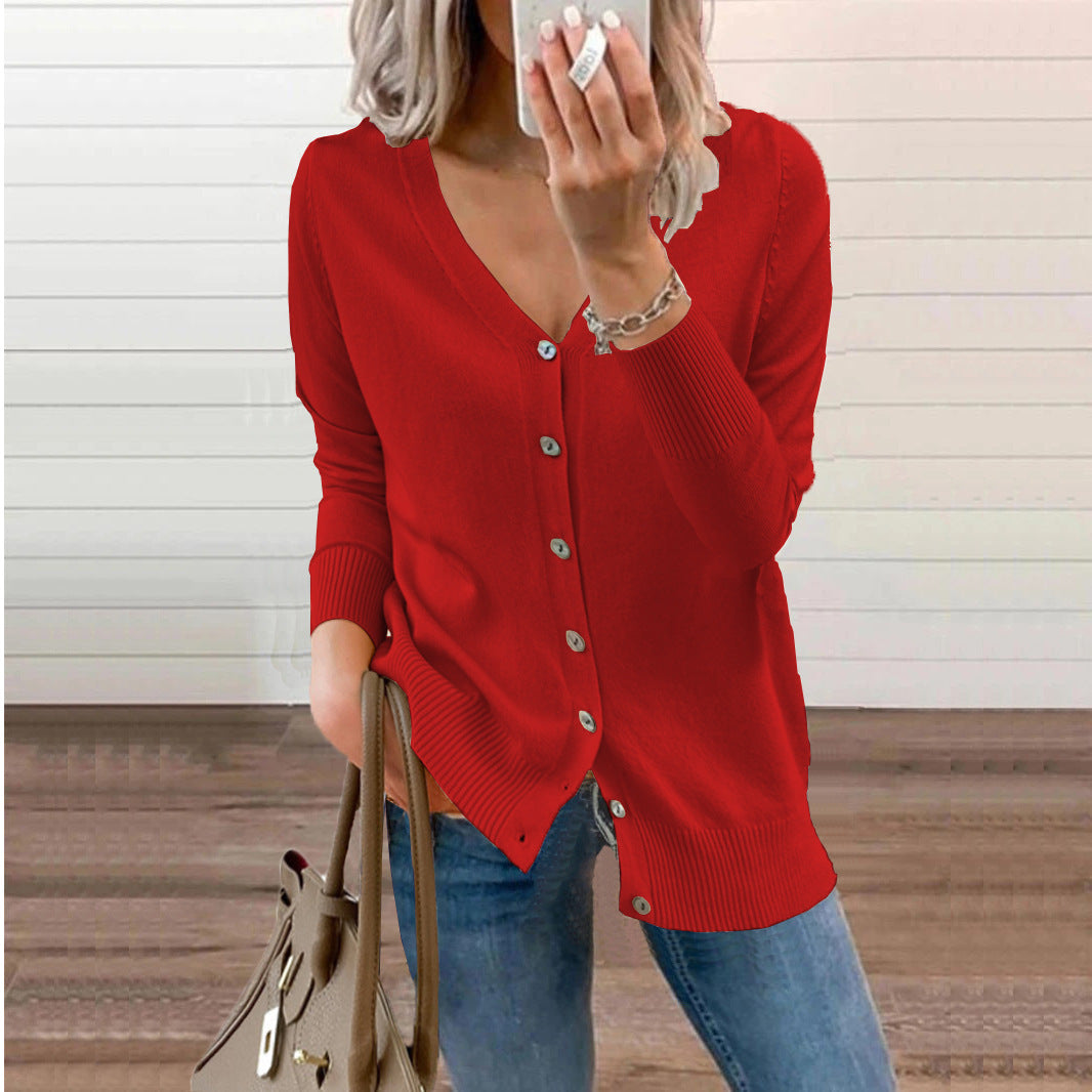 Damen Strickjacke mit tiefem V-Ausschnitt und Knopfdetails Drune