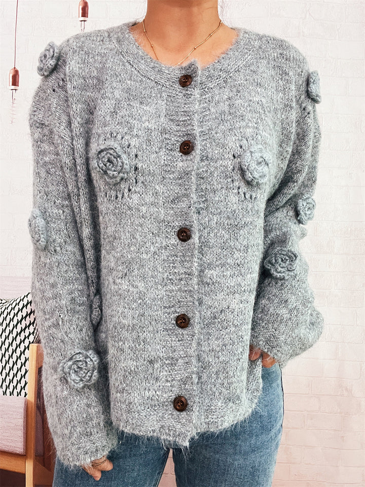 Damen kuschelige Strickjacke mit floralen Applikationen und Knopfverschluss Drune