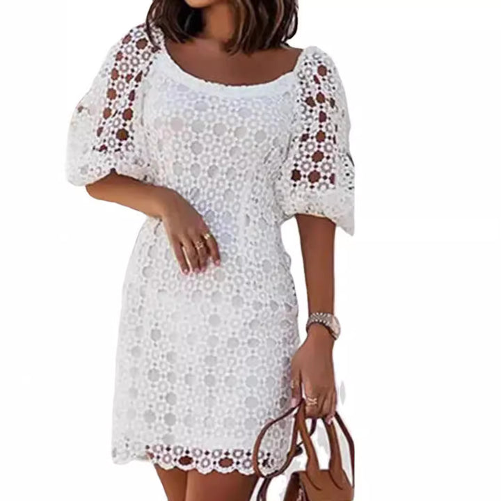 Damen Spitzenkleid mit luftigen Puffärmeln und eleganten Häkel-Details Drune