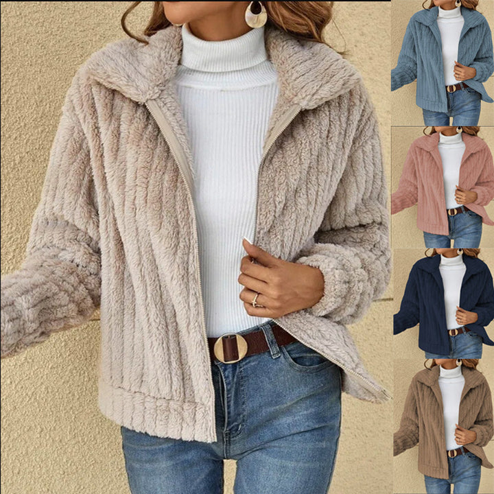 Damen nan kuschelige Teddyjacke mit durchgehendem Reißverschluss, Stehkragen und Eingrifftaschen Drune