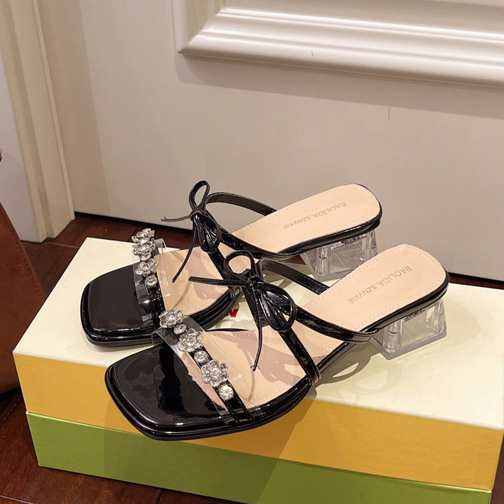 Damen glamouröse Sandalen mit funkelnden Strassdetails und transparentem Blockabsatz Drune