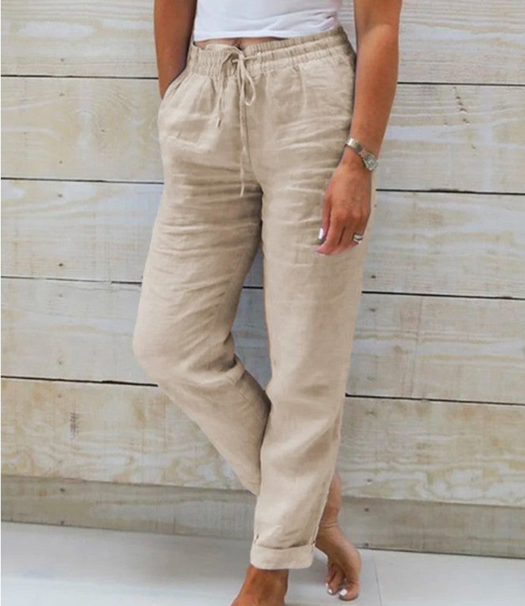 Damen nan lässige Leinenhose mit elastischem Bund und Kordelzug Drune
