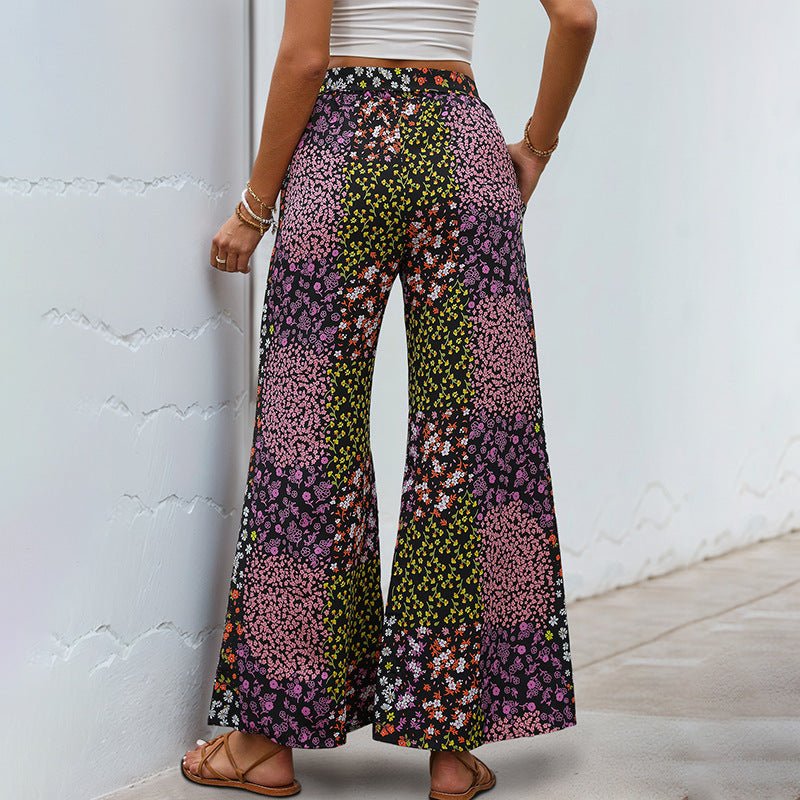 Damen weite Blumenhose mit elastischem Bund und praktischen Taschen Drune
