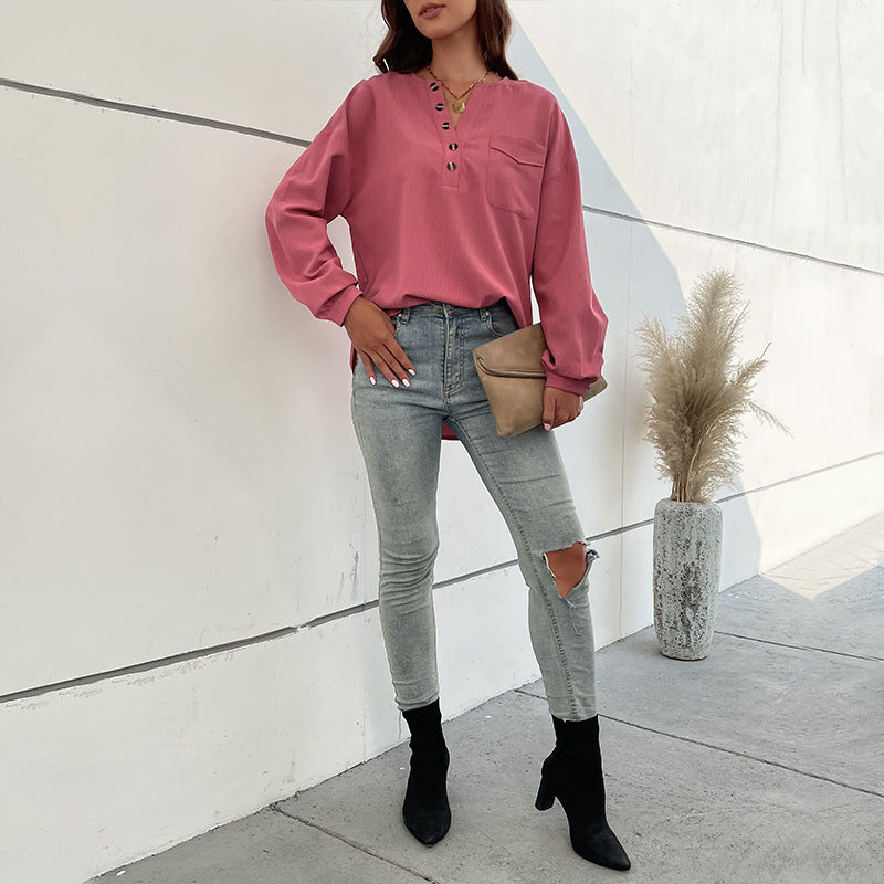 Damen Bluse mit dekorativen Knopfdetails und Brusttasche Drune