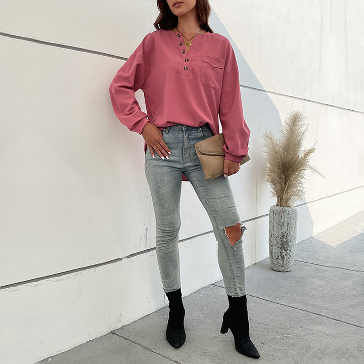 Damen Bluse mit dekorativen Knopfdetails und Brusttasche Drune