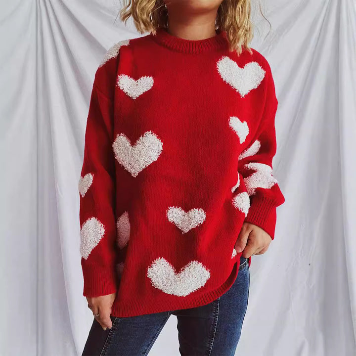 Damen Pullover mit Herzmuster und flauschigen Applikationen Drune