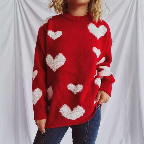 Damen Pullover mit Herzmuster und flauschigen Applikationen Drune