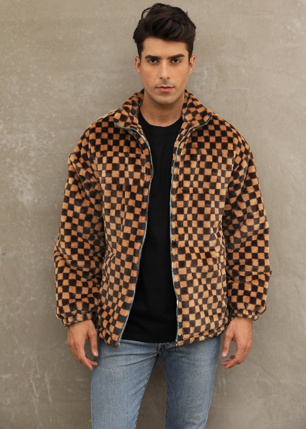Herren Plüschjacke mit Karo-Muster und hohem Kragen Drune