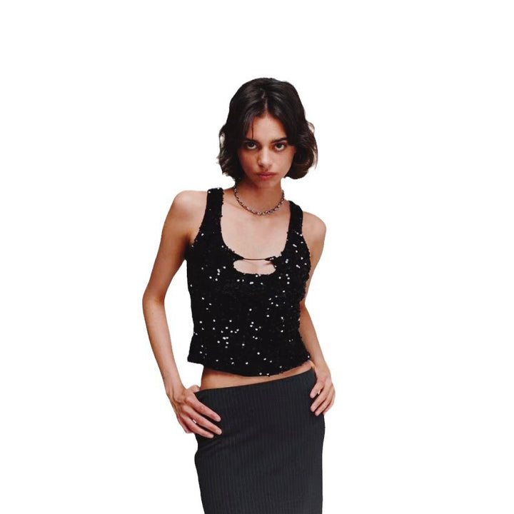 Damen Glitzerndes Crop-Top mit modischem Schlüssel-Ausschnitt und figurbetontem Schnitt Drune