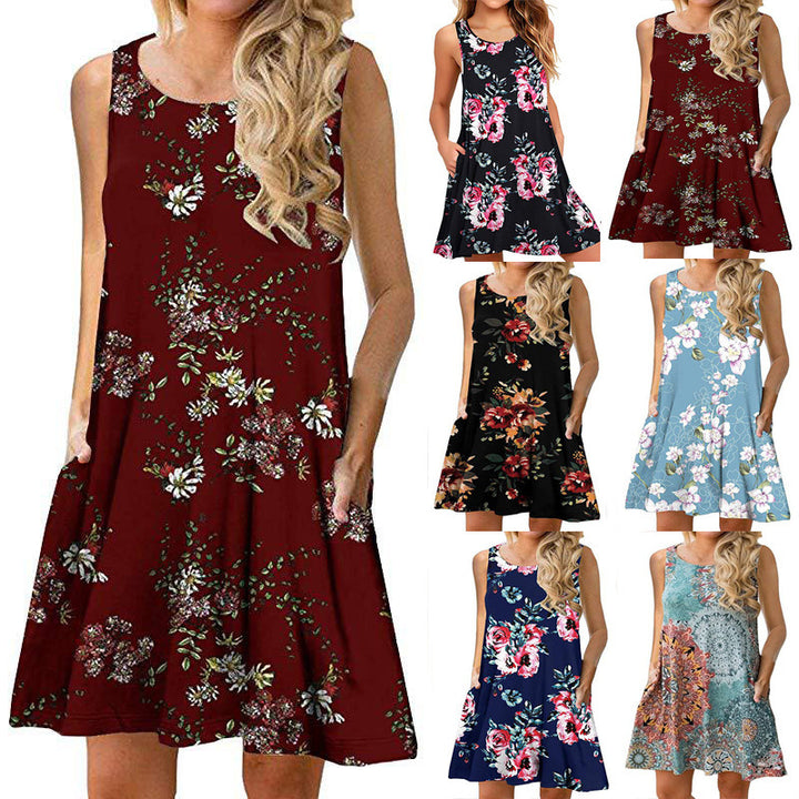 Damen ärmelloses Blumen-Minikleid mit praktischen Eingrifftaschen Drune