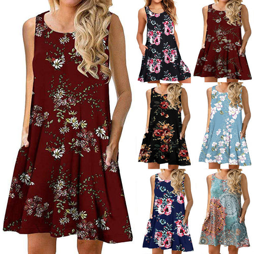 Damen ärmelloses Blumen-Minikleid mit praktischen Eingrifftaschen Drune