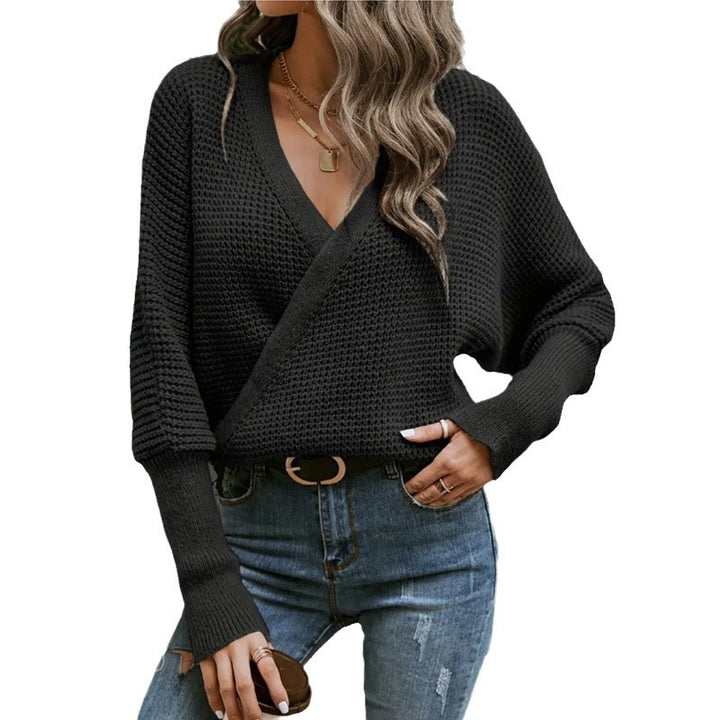 Damen lässiger Strickpullover mit gekreuztem Design und V-Ausschnitt Drune