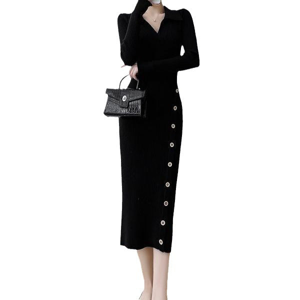 Damen Elegantes Strickkleid im Wickelstil mit Knopfdetails und feiner Rippstruktur Drune