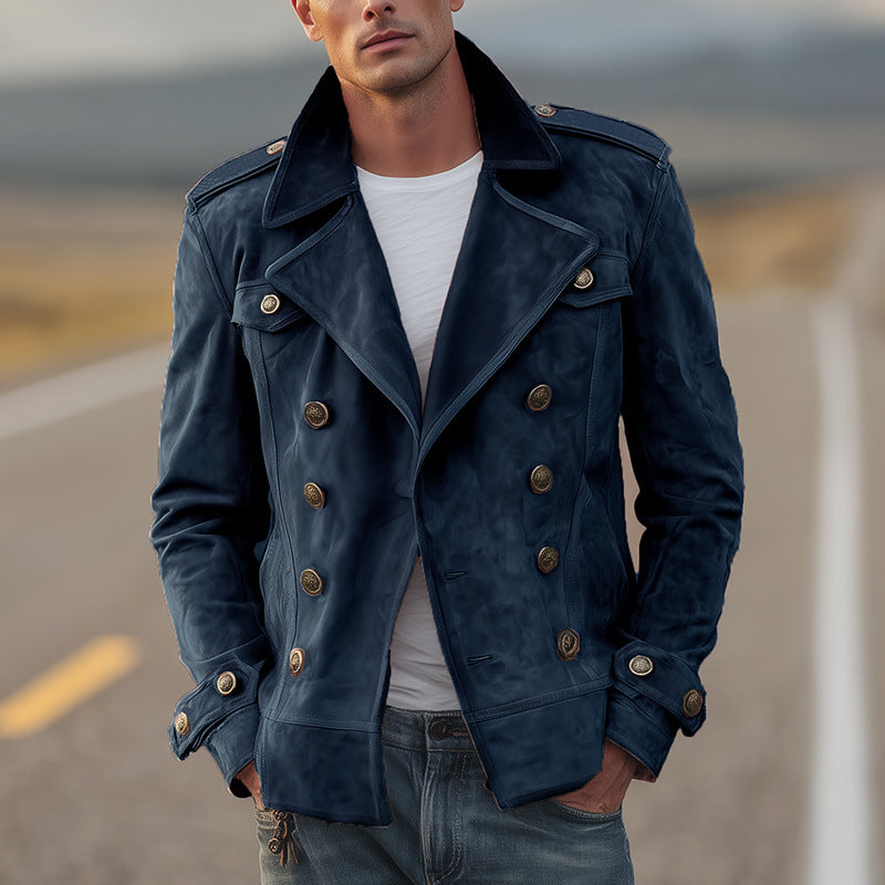 Herren nan doppeltreihige Vintage-Lederjacke mit Reverskragen und Schulterpatten Drune