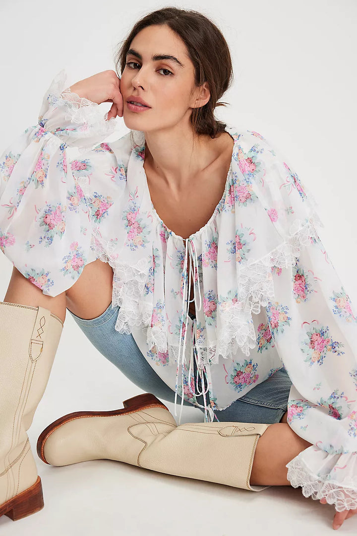 Damen Bluse mit romantischen Rüschen und floralem Muster Drune