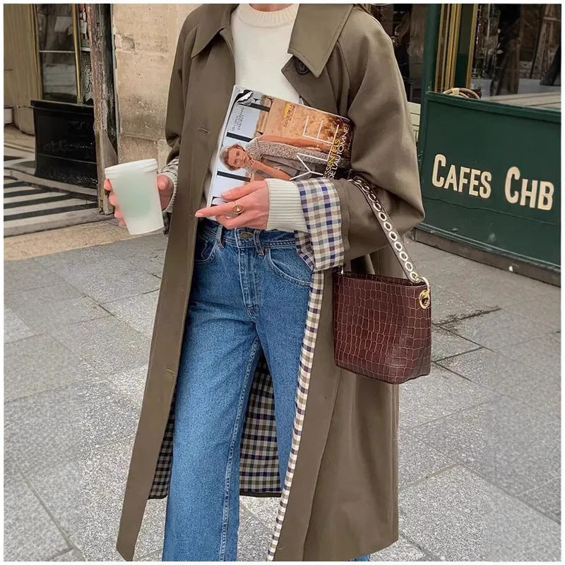 Damen Oversized Trenchcoat mit Karo-Muster Drune