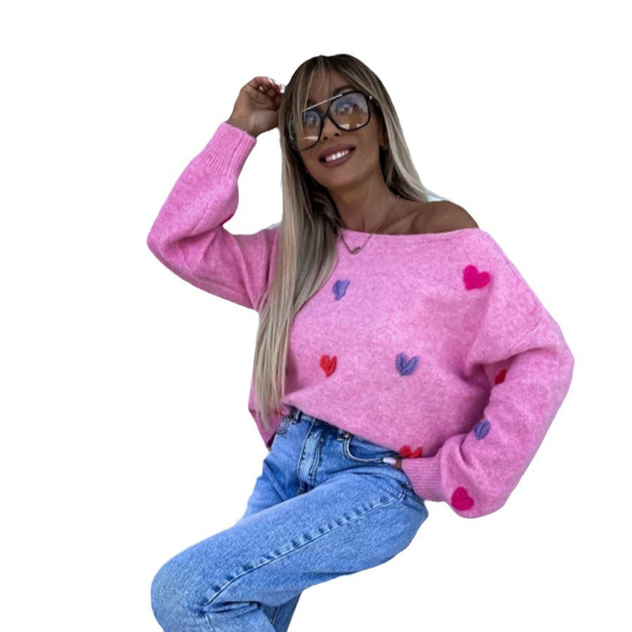 Damen lässiger Pullover mit bunten Herzmotiven Drune