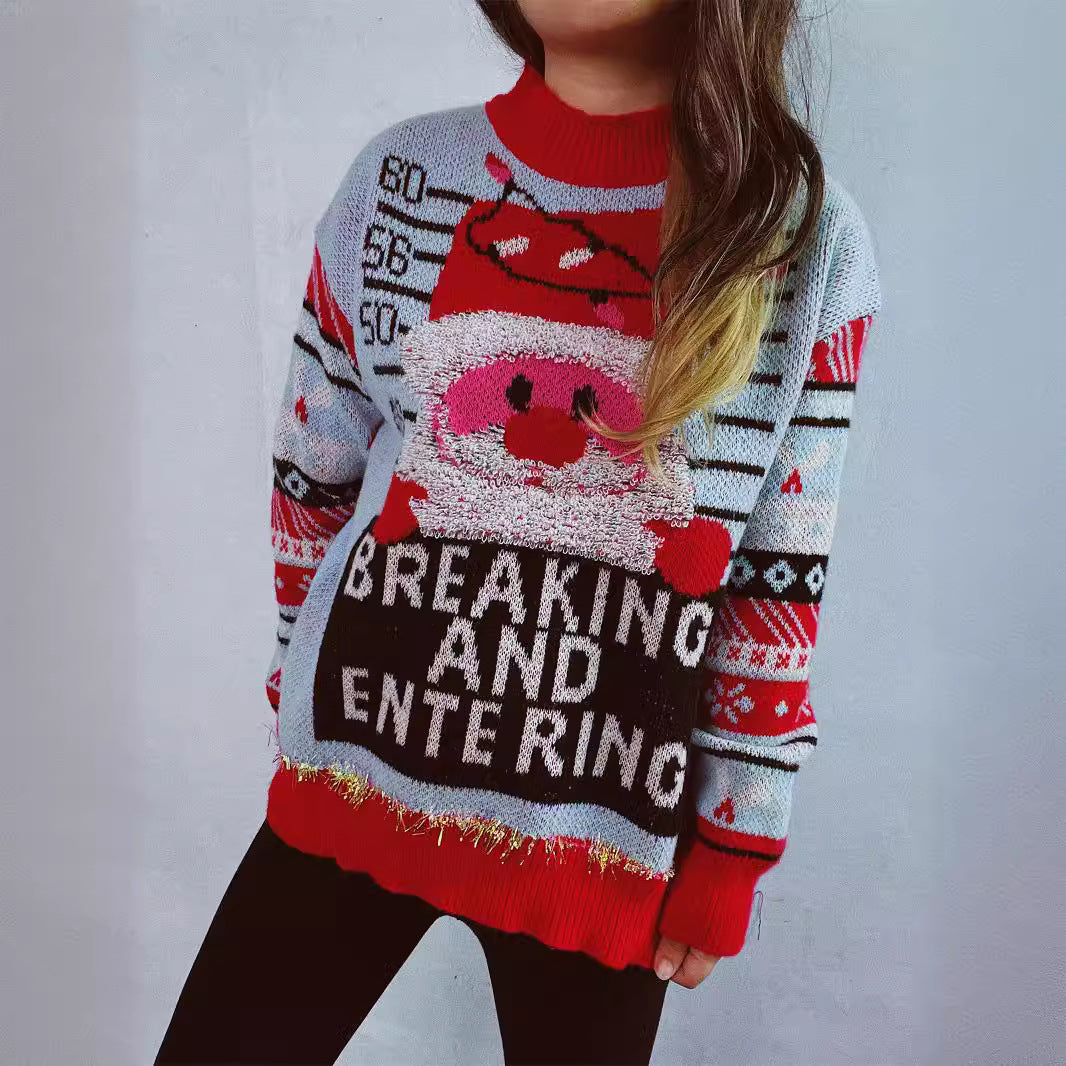 Damen Weihnachtspullover mit festlichem Santa-Motiv und glänzenden Akzenten Drune
