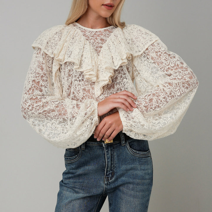 Damen Bluse mit voluminösen Rüschen und Spitzenmuster Drune