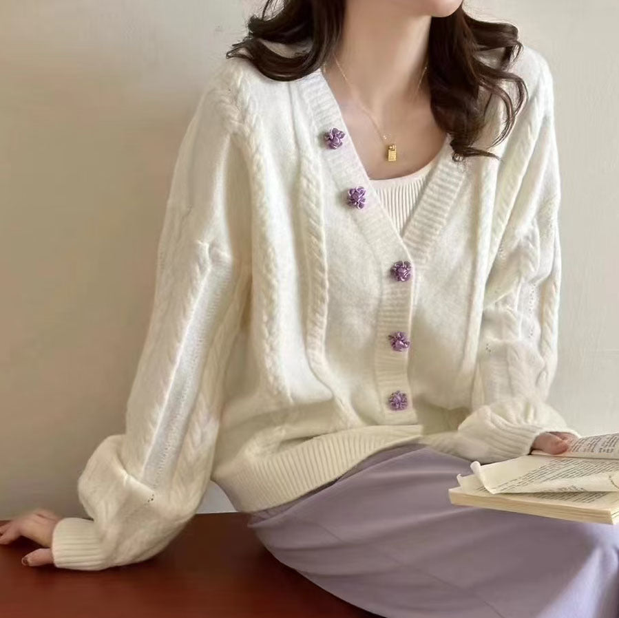 Damen Strickjacke mit dekorativen Knöpfen und Zopfmuster Drune