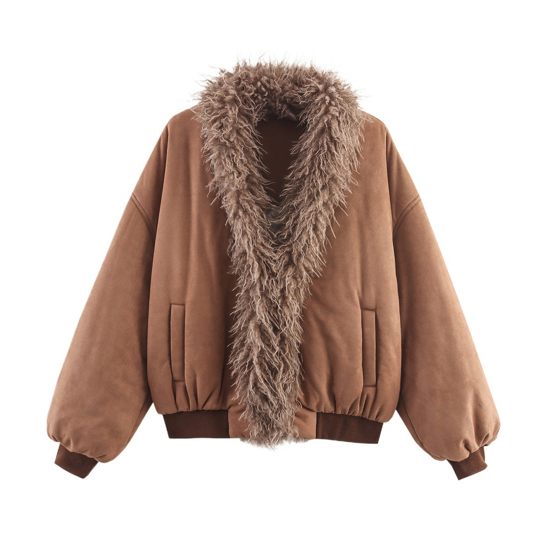 Damen modische Kurzarmpulloverjacke mit luxuriösem Faux-Fur Kragen Drune