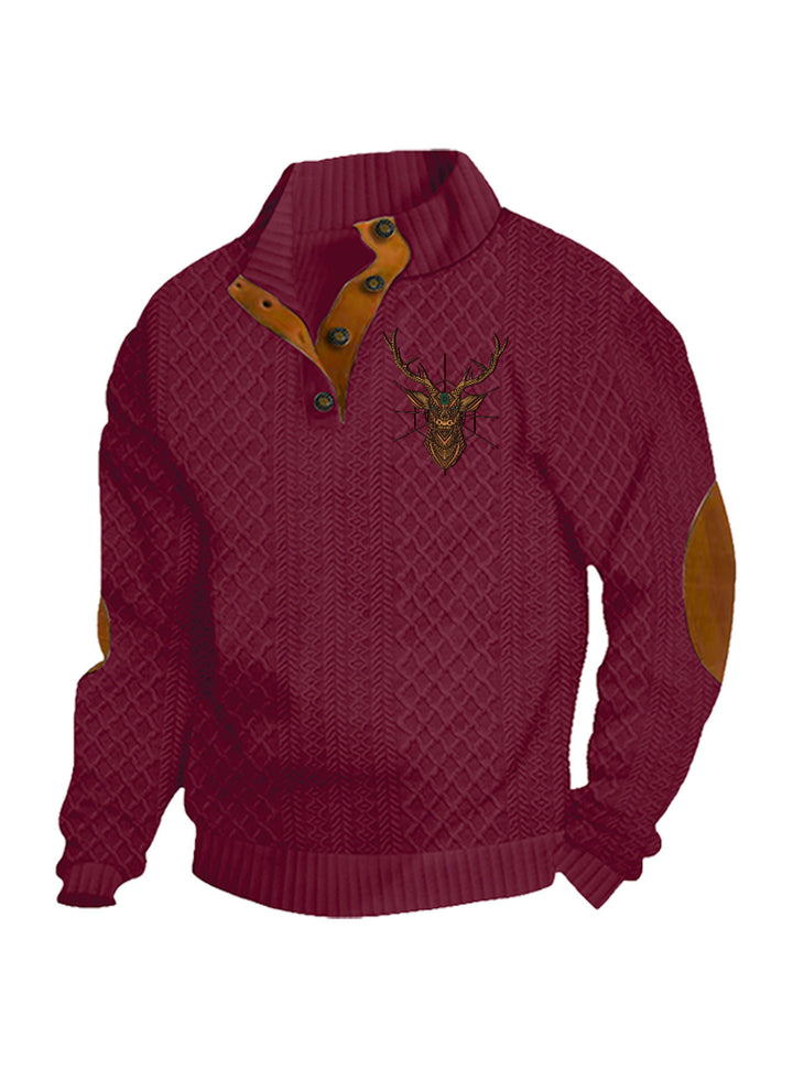 Herren nan Heritage-Strukturpullover mit Stehkragen Lederimitat-Besatz Ellenbogen-Patches und Halbknopfleiste Drune