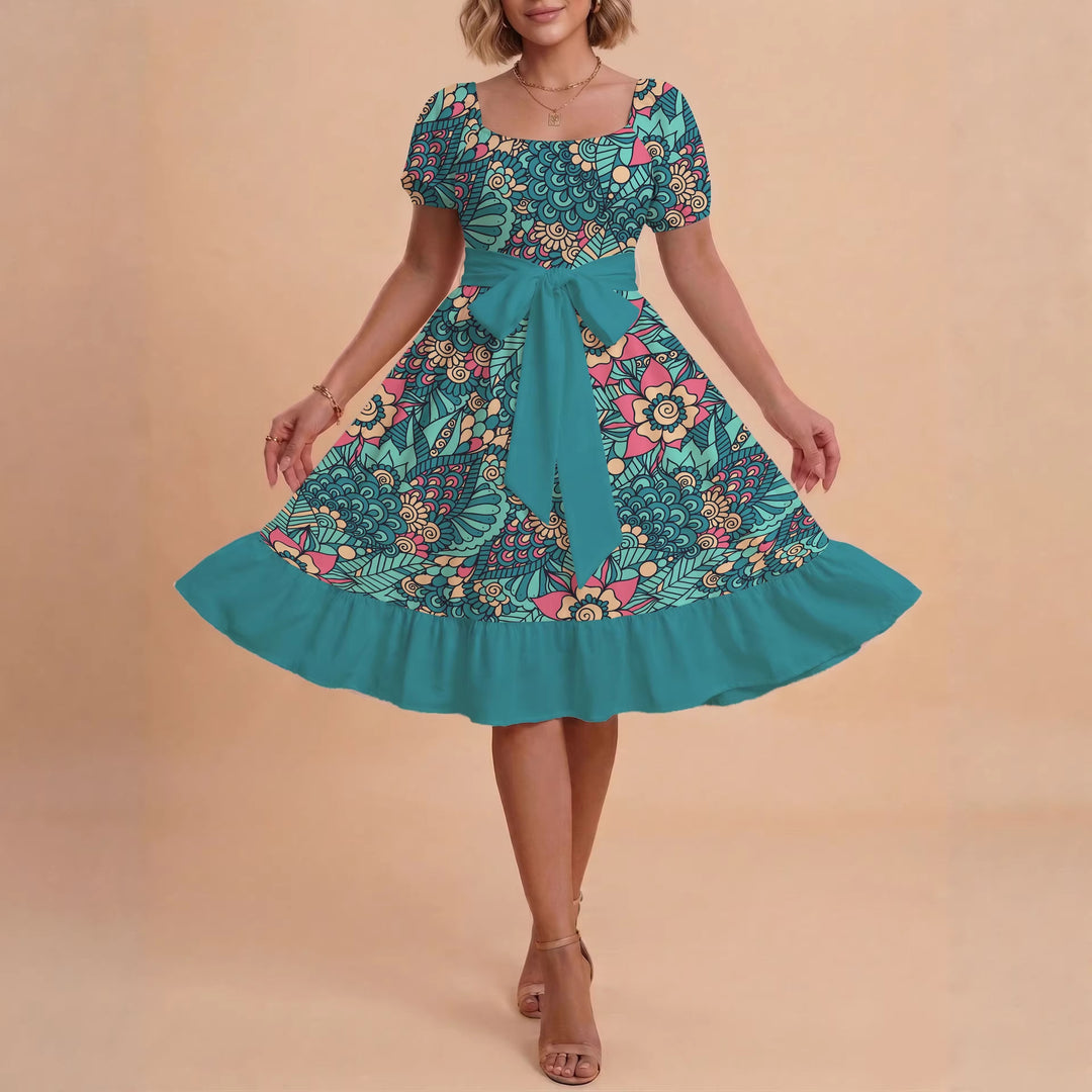 Damen modernes Blumenkleid mit elegantem Taillengürtel und asymmetrischem Saum Drune