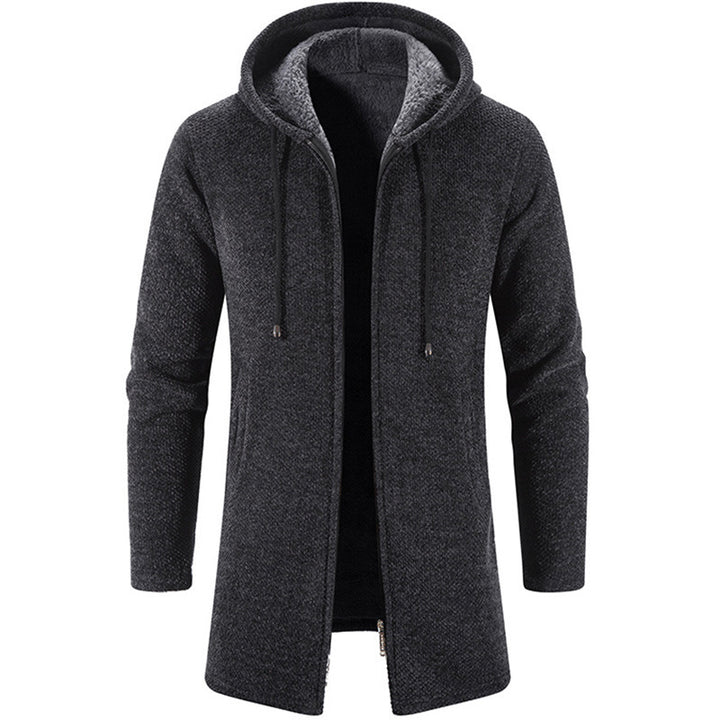 Herren nan langer Kapuzenstrickmantel mit Teddyfutter, durchgehendem Reißverschluss und seitlichen Eingrifftaschen Drune
