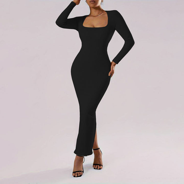 Damen Langarm Maxikleid mit tiefem Ausschnitt und figurfreundlichem Schnitt Drune