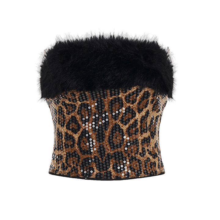 Damen Glamouröses Set mit Pailletten und Kunstfell Drune
