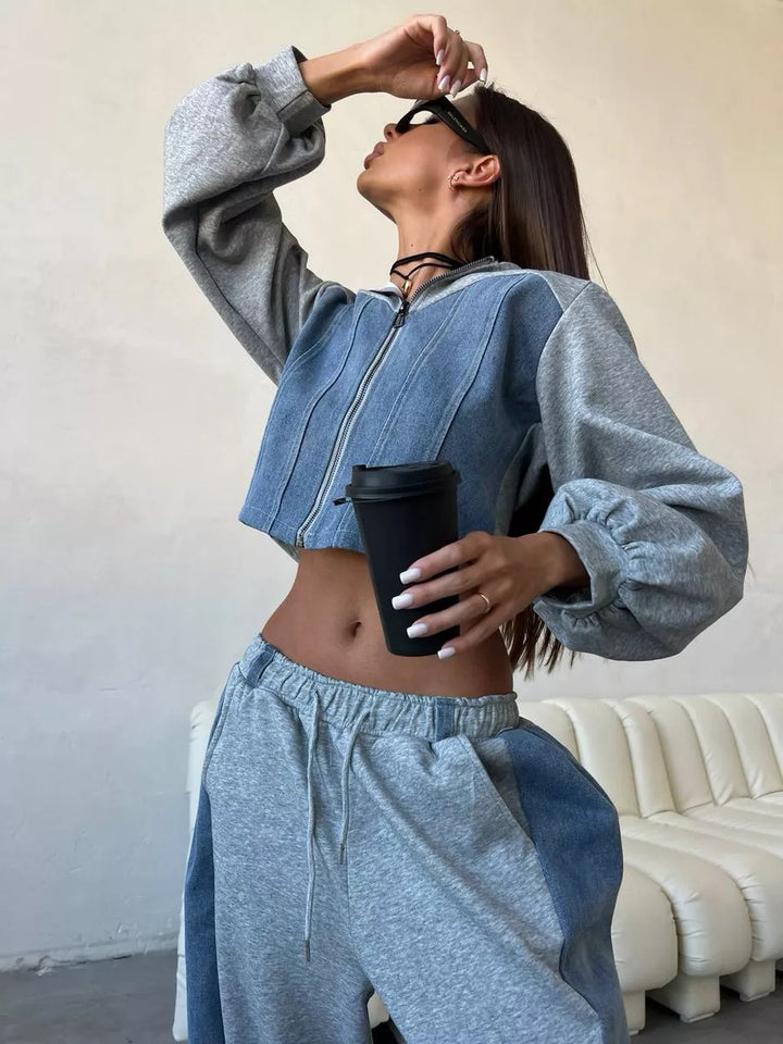Damen cropped Sweatjacke mit ballonförmigen Ärmeln und Jogginghose Set Drune