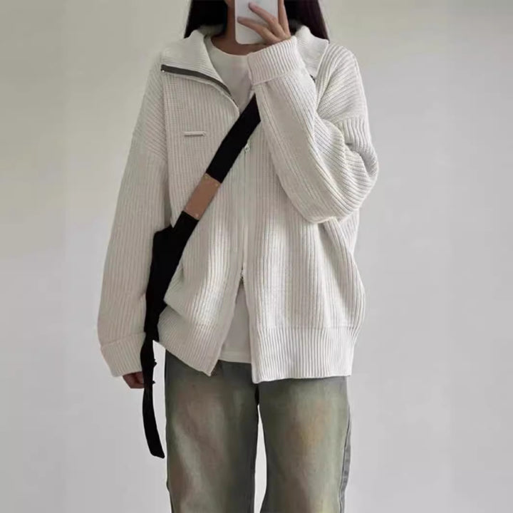 Damen Großer Strickpullover mit hohem Kragen und durchgehendem Reißverschluss Drune