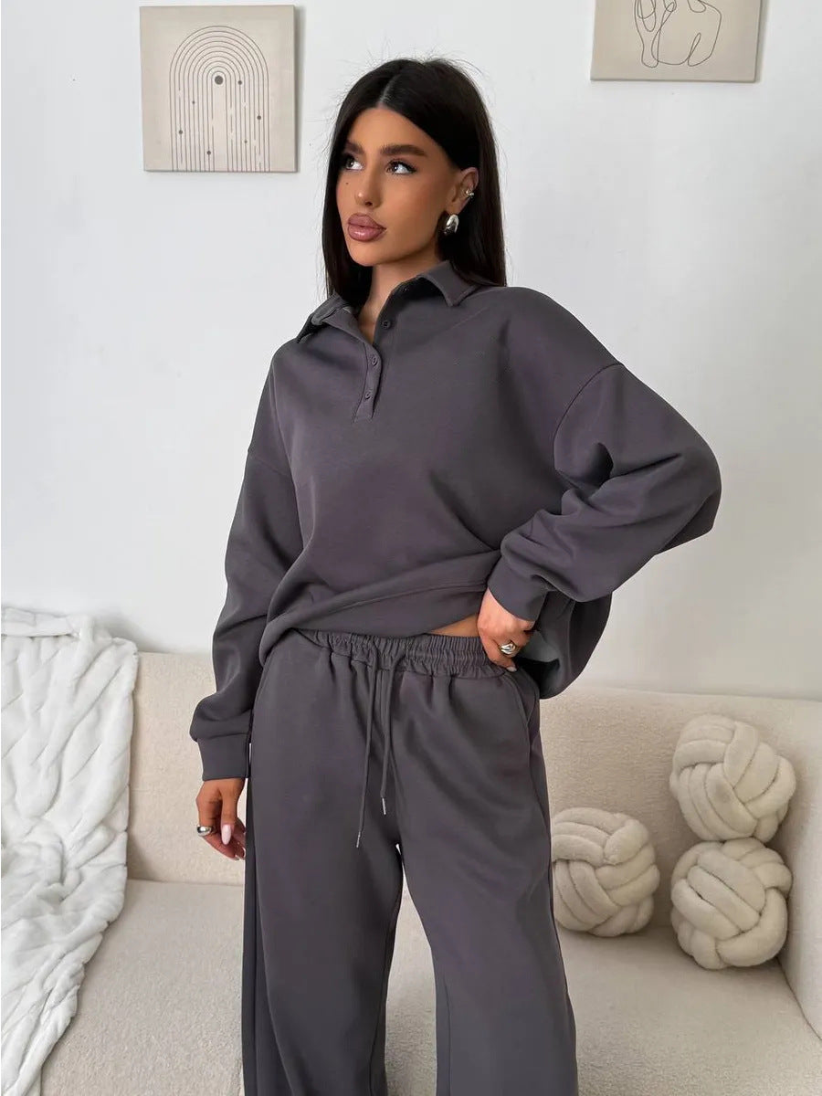 Damen lässiges Poloshirt und weite Hose Set Drune