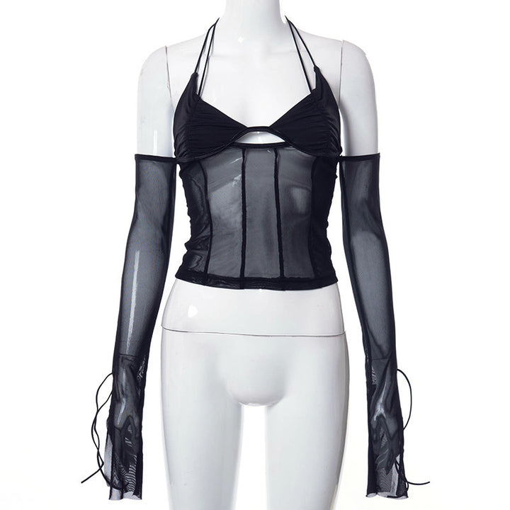 Damen transparentes Oberteil mit langen Ärmeln und Kreuzträgern Drune