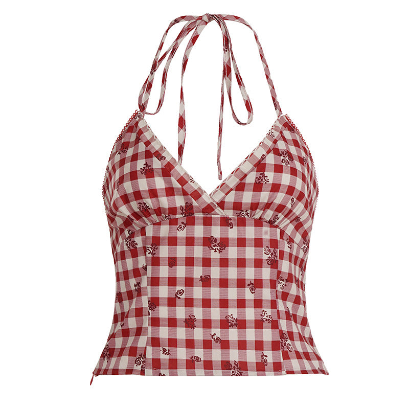 Damen Karo-Bikini-Oberteil im Vintage-Stil mit Spaghettiträgern und zusätzlichem Blumenmuster Drune