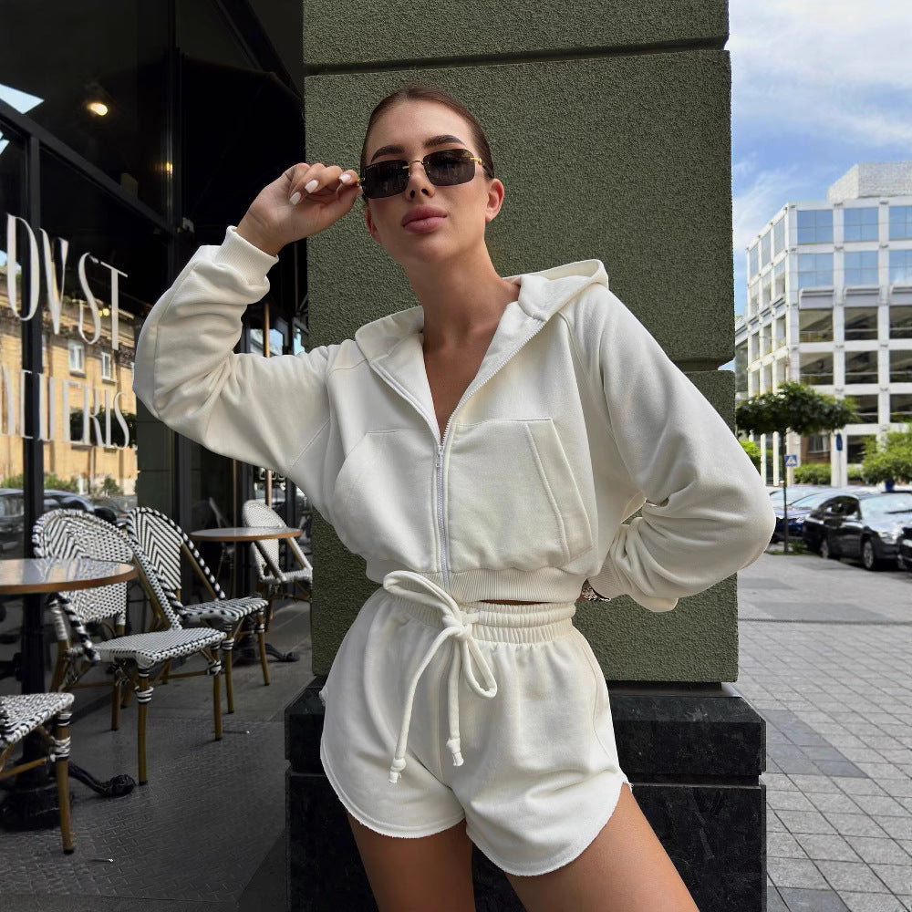 Damen lässiges Hoodie-Set mit Reißverschluss und elastischem Bund Drune