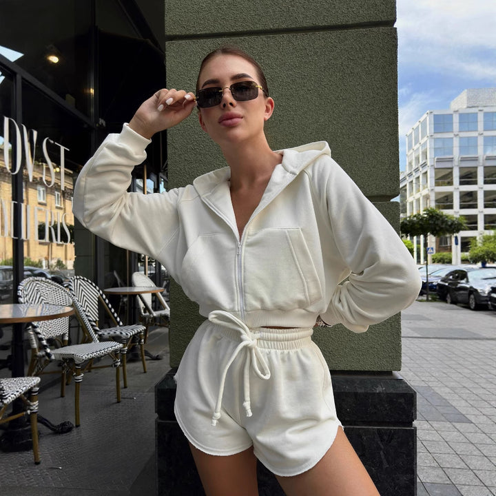 Damen lässiges Hoodie-Set mit Reißverschluss und elastischem Bund Drune