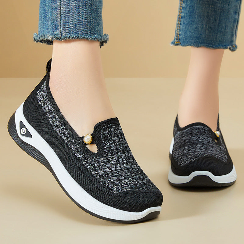 Damen nan atmungsaktive gestrickte Slip-On Slipper mit Perlenapplikation und stoßdämpfender EVA-Sohle Drune
