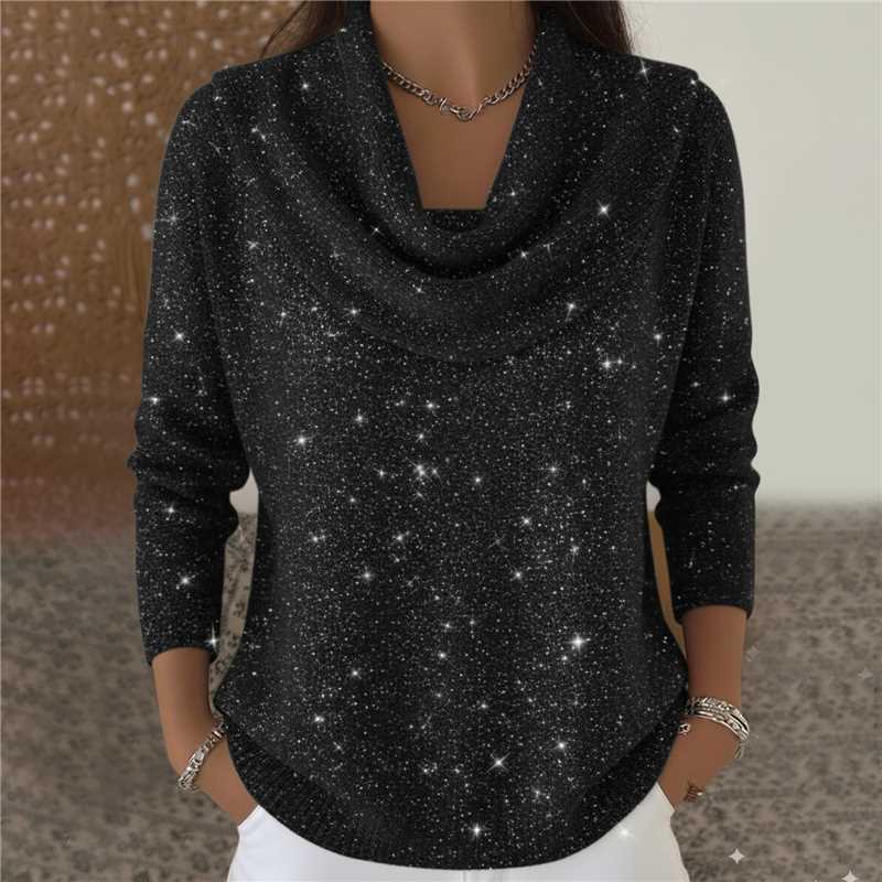 Damen nan schimmernder Strickpullover mit Wasserfallkragen, feiner Glitzerstruktur und schmalem Saum Drune