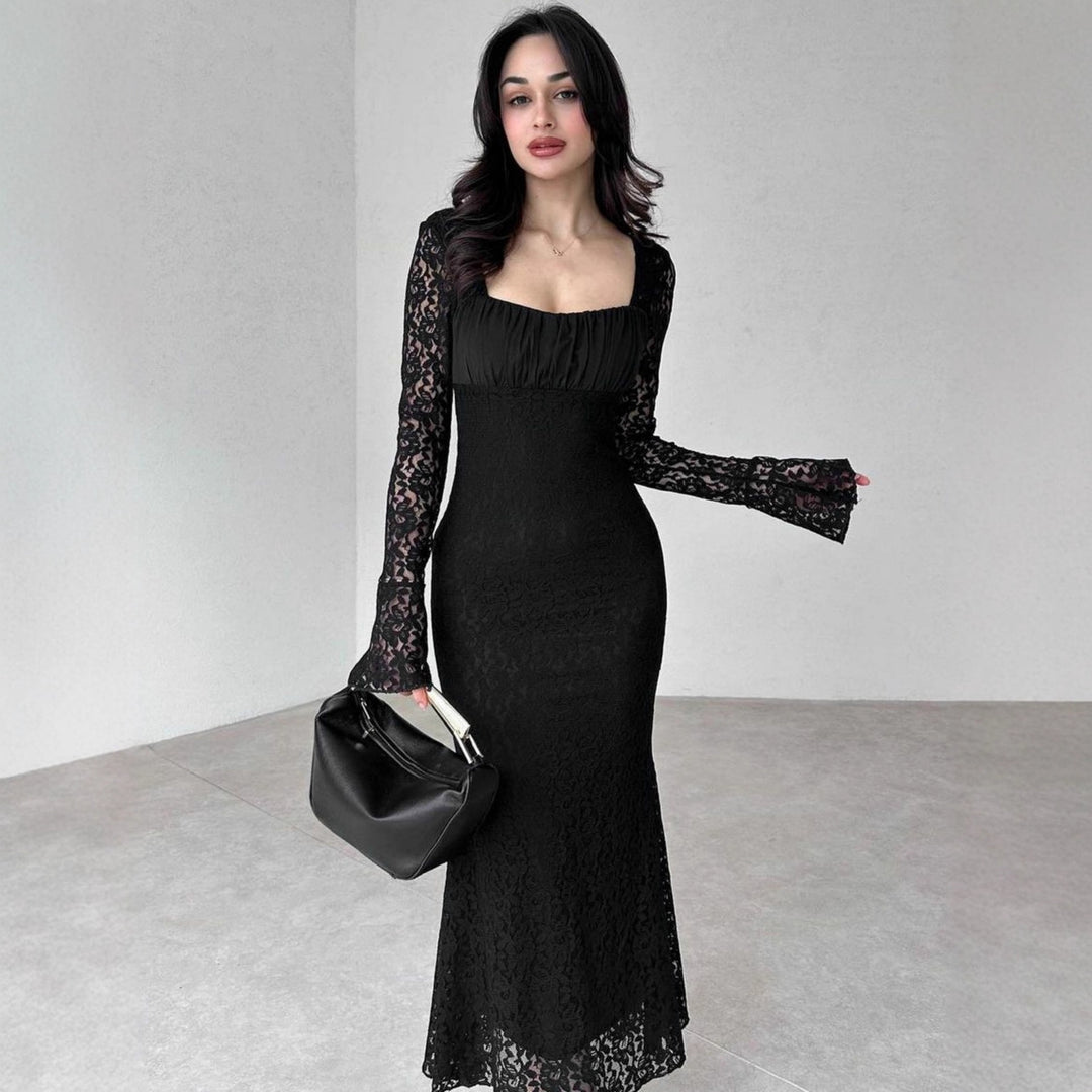 Damen elegantes Spitzenkleid mit langem Arm und figurbetontem Schnitt Drune