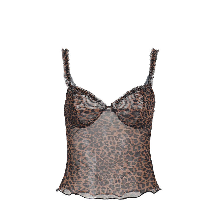 Damen verspieltes Spitzen-Crop-Top mit aufregendem Leopardenmuster Drune