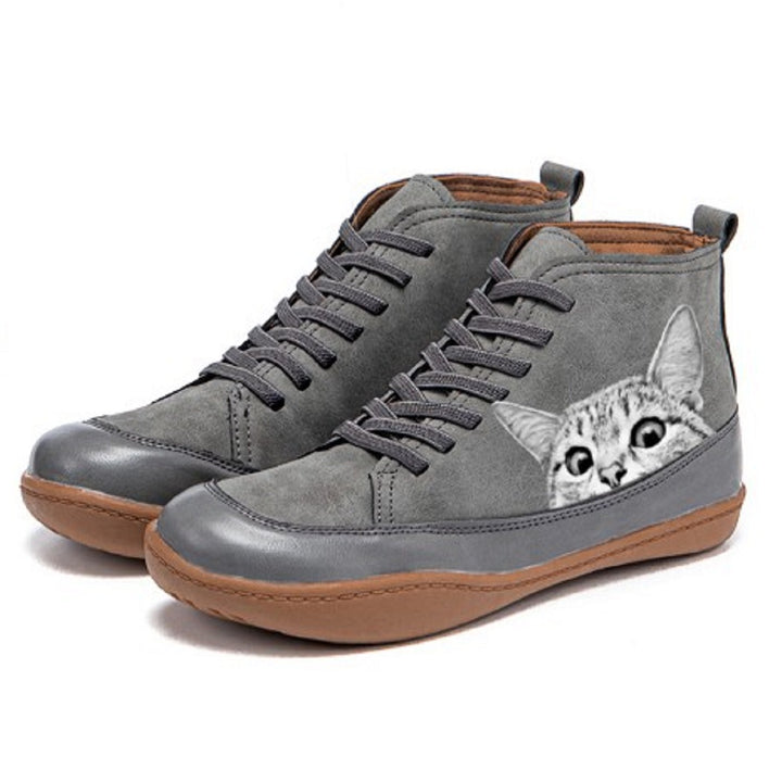 Damen High-Top Sneaker mit geprägtem Katzenmotiv weiches Kunstleder und gepolstertes Komfortfußbett Drune