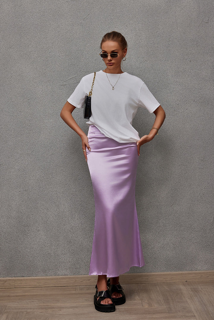 Damen Eleganter Maxirock aus glänzendem Satin mit hohem Schlitz Drune