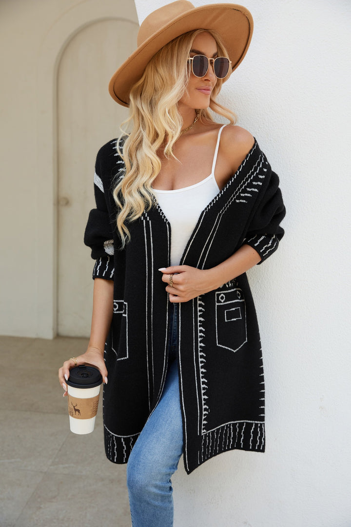 Damen elegante Strickjacke mit tiefem V-Ausschnitt und dekorativen Nähten Drune