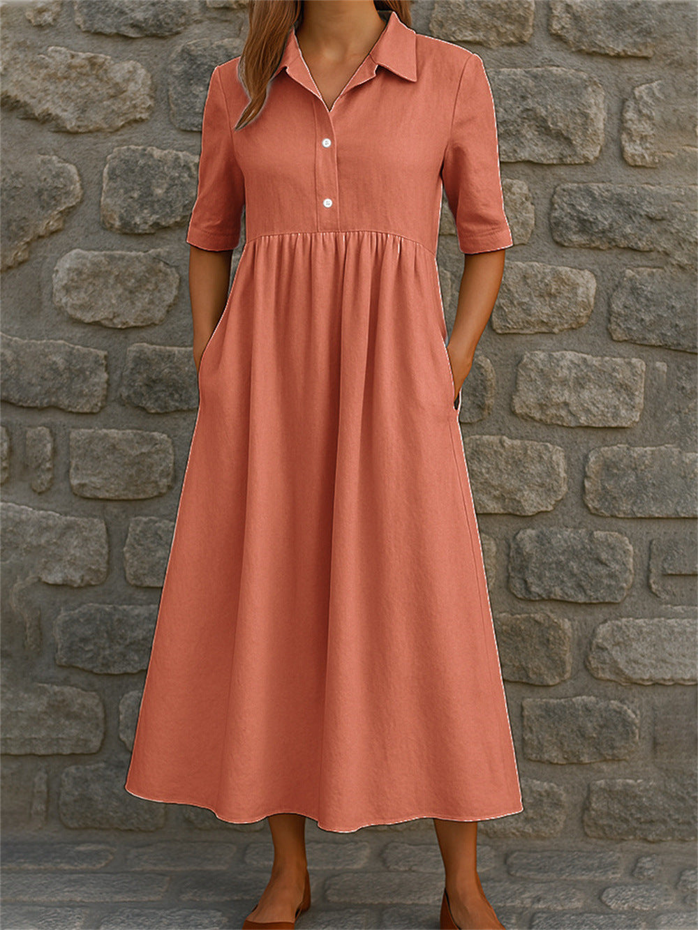 Damen legeres Midi-Kleid mit Knopfleiste und Taschen Drune